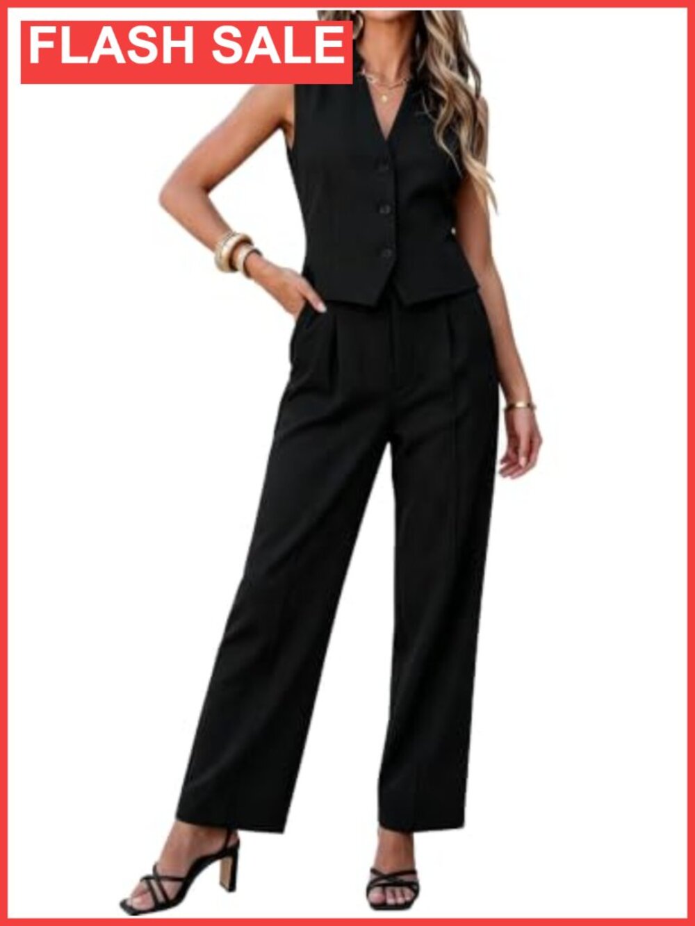 Sleeveless Vest Pant Suit Set Wide Leg 2 Piece Office Blazer